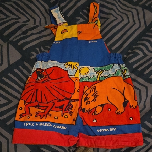 Vintage Kids Blue and Red Animal Print Overalls - Picture 2 of 3